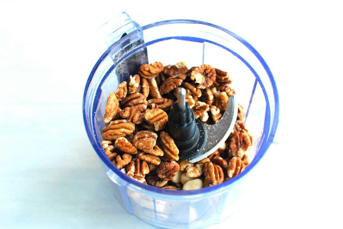 Pecans and macadamia nuts in a small food processor.