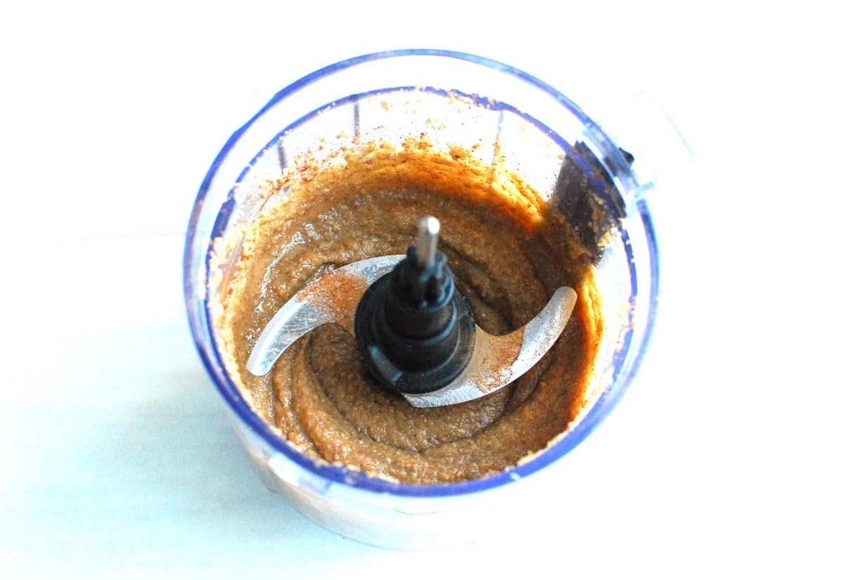 Maple pecan macadamia butter in a food processor.