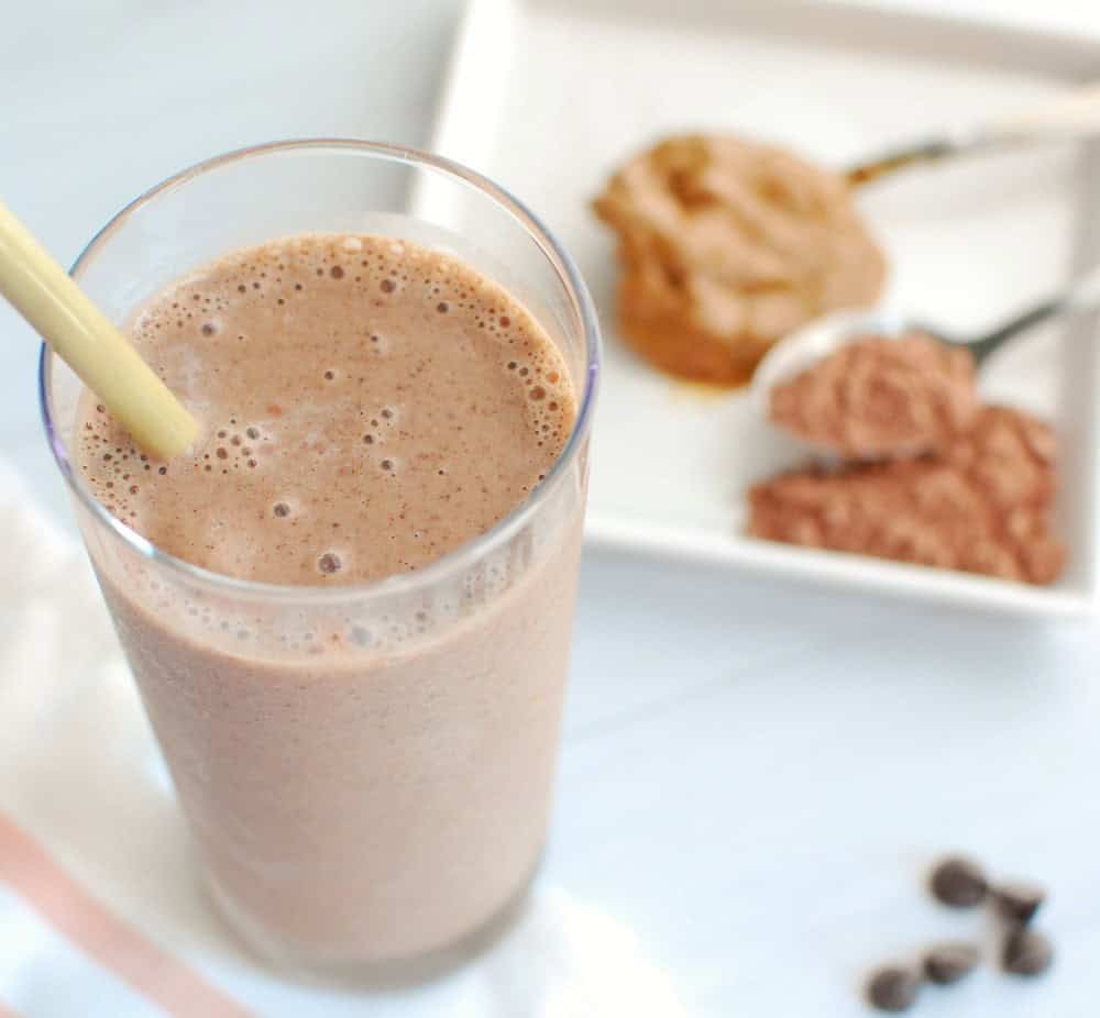 A cacao smoothie in a glass.