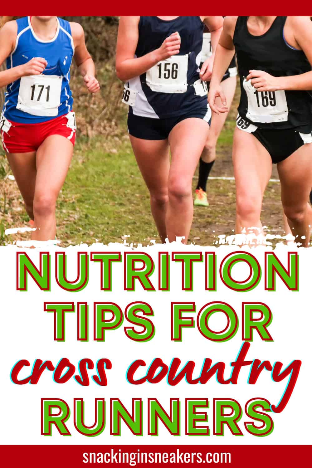 A group of cross country runners starting a race, with a text overlay that says nutrition tips for cross country runners.