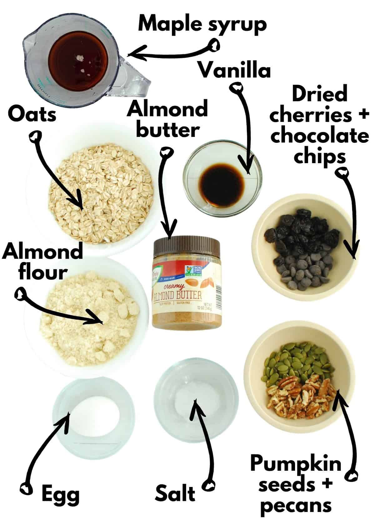 All of the cookie ingredients on a white backdrop.
