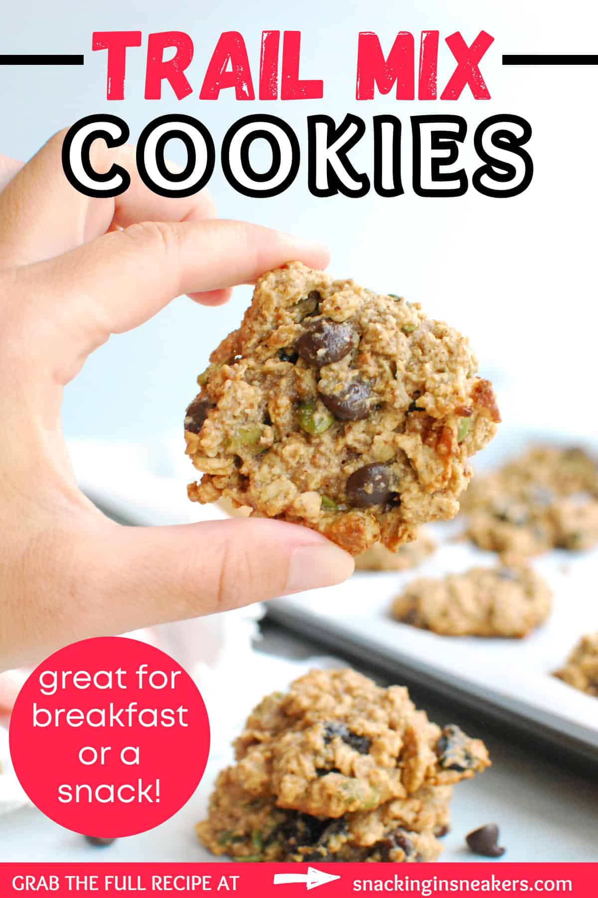 A woman's hand holding a trail mix cookie with a text overlay with the name of the recipe.