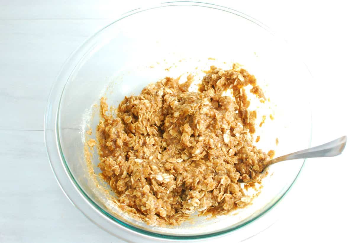 Cookie dough in a glass bowl.