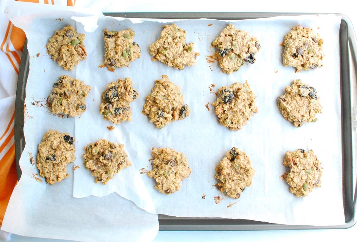 A tray of baked trail mix breakfast cookies.