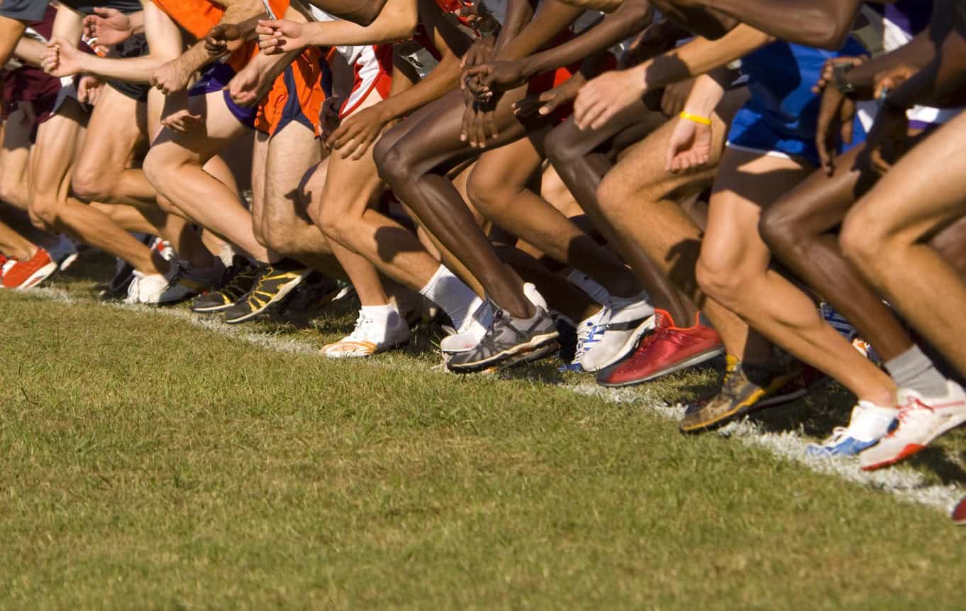 A group of cross country runners starting a race.