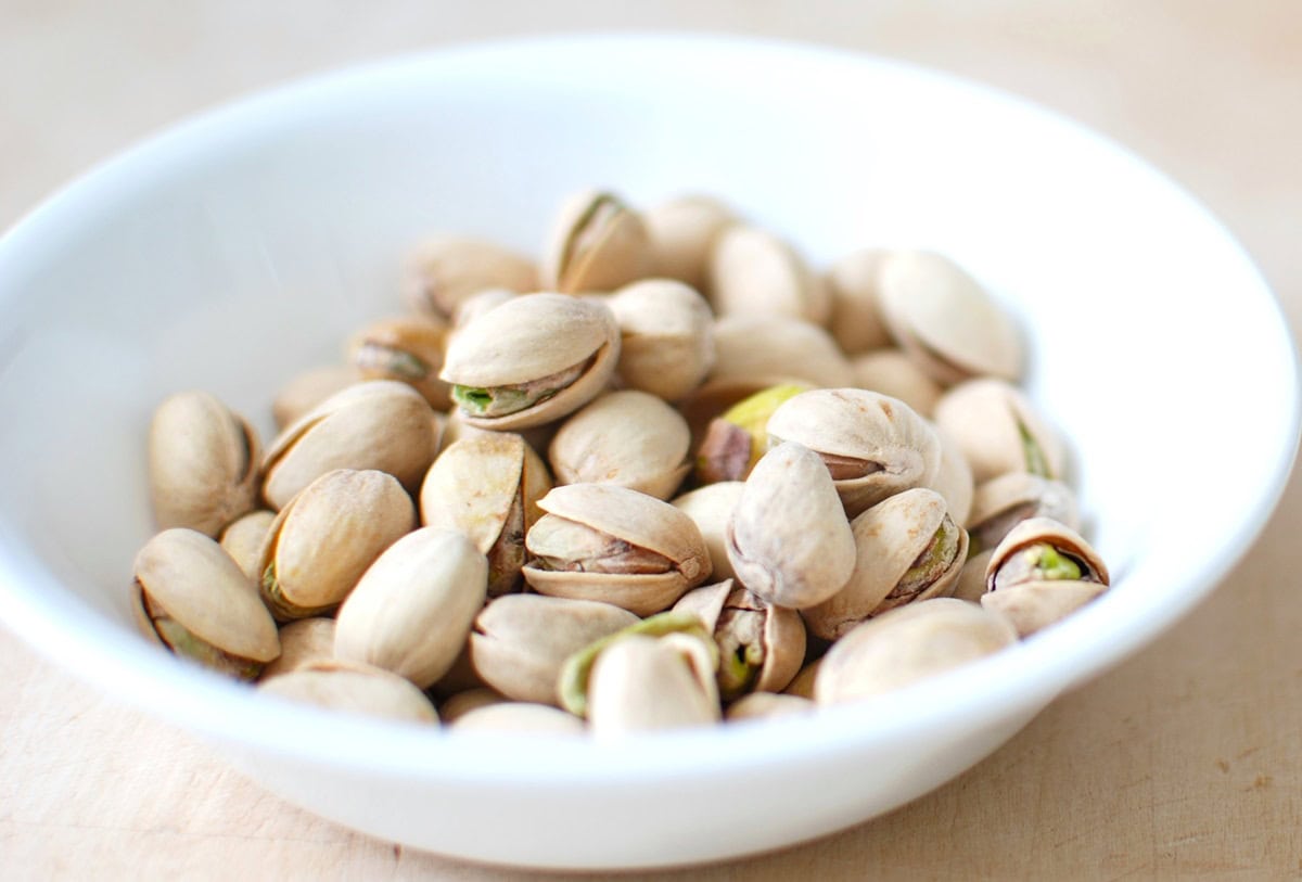 A bowl of pistachios.