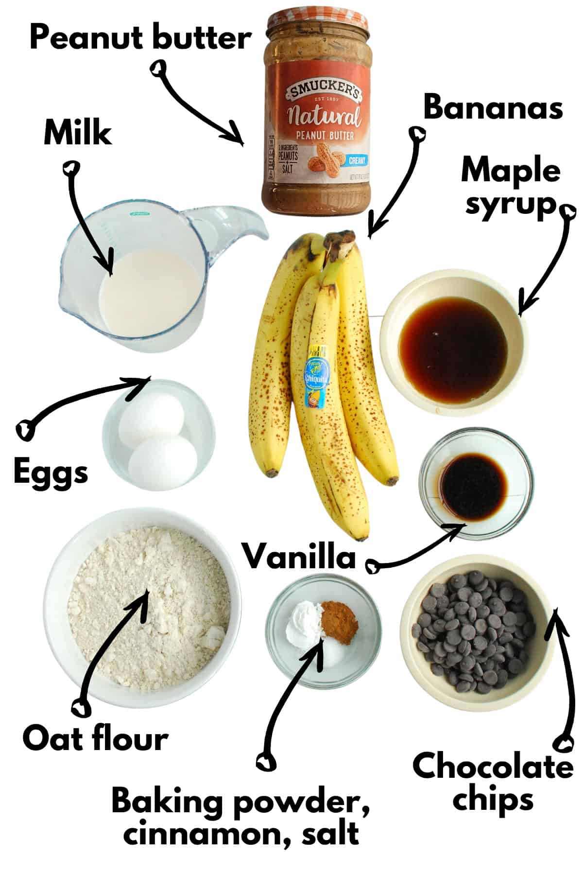 Bananas, peanut butter, milk, maple syrup, eggs, vanilla, oat flour, baking powder, cinnamon, salt, and chocolate chips.