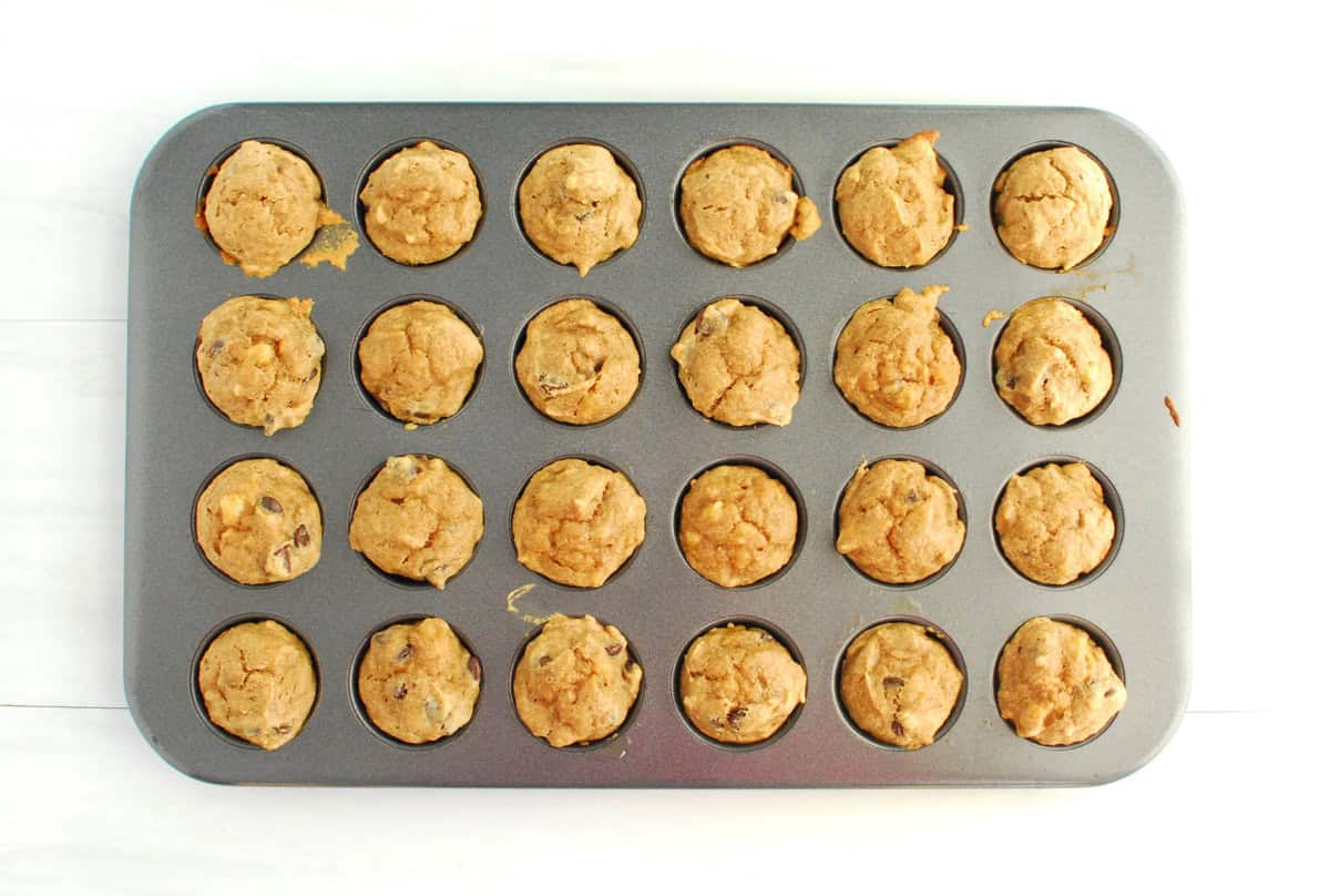 A tray full of banana peanut butter mini muffins.