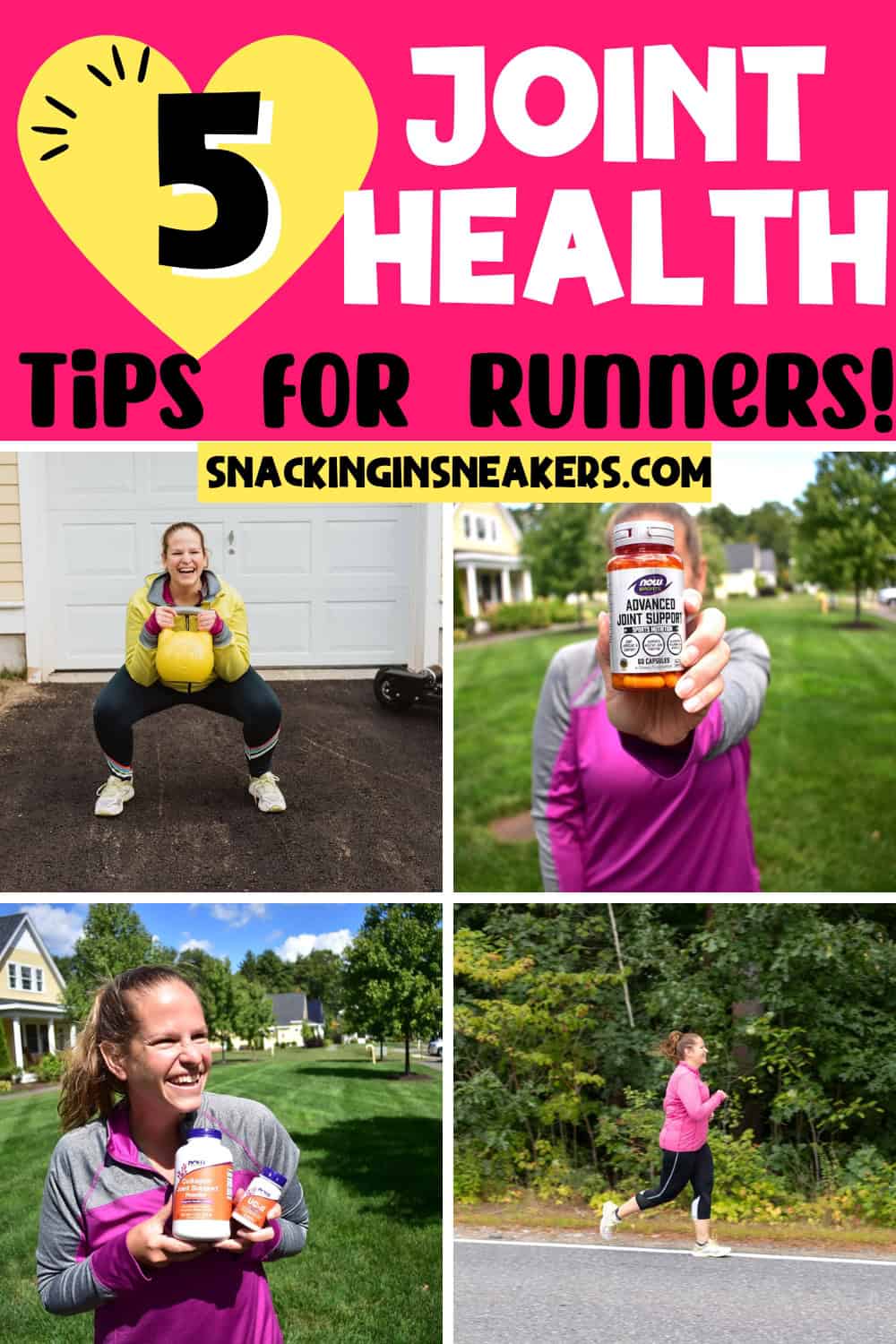 A collage of a woman strength training, a woman running, a woman holding collagen bottles, and a woman holding a joint supplement, with a text overlay that says joint health tips for runners.