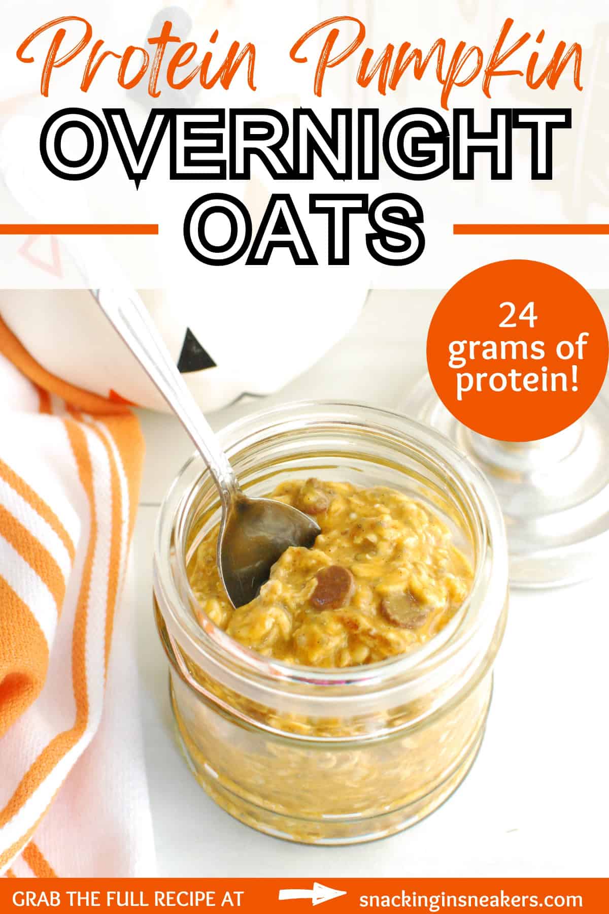 A jar of pumpkin protein overnight oats, dolloped with a few chocolate chips, with a text overlay with the name of the recipe.