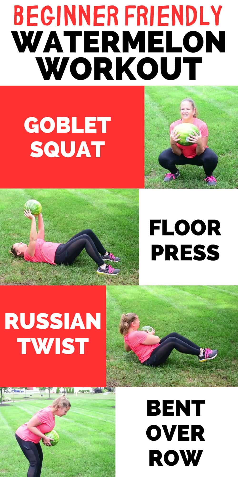 A woman doing different exercise moves using a watermelon including squats, floor press, Russian twist, and a bent over row, with a text overlay that says beginner friendly watermelon workout.