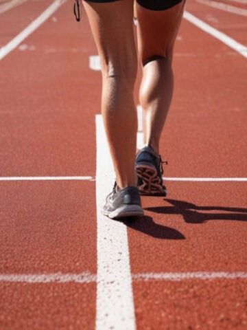 A runner running backwards on a track.