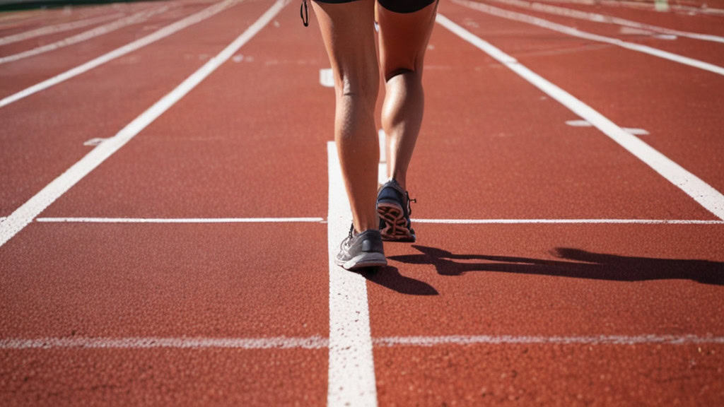 A runner running backwards on a track.