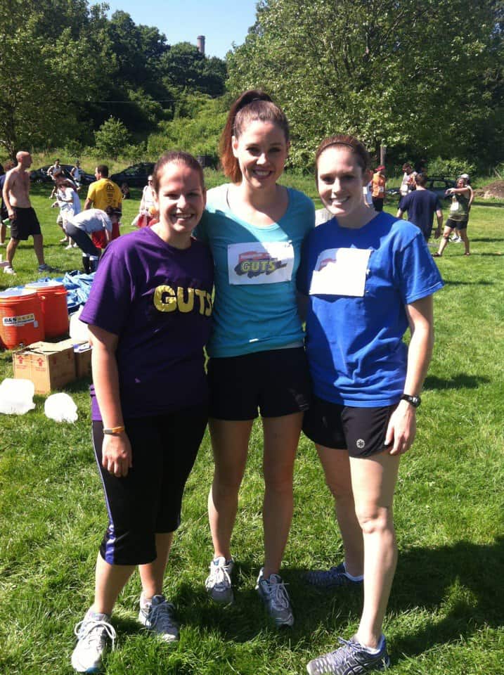 Three women dressed as guts participants for a Halloween race.