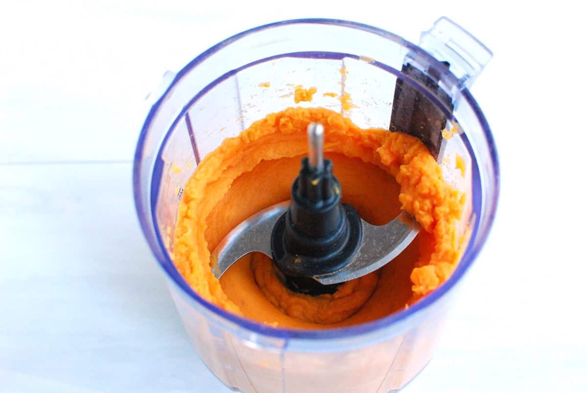 Sweetpotatoes pureed in a mini food processor.