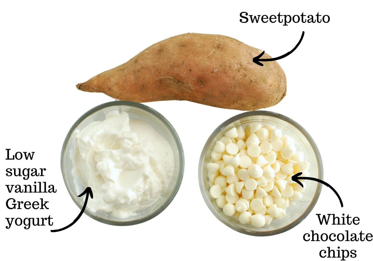 A sweetpotato, yogurt, and white chocolate chips for the sweetpotato frosting.