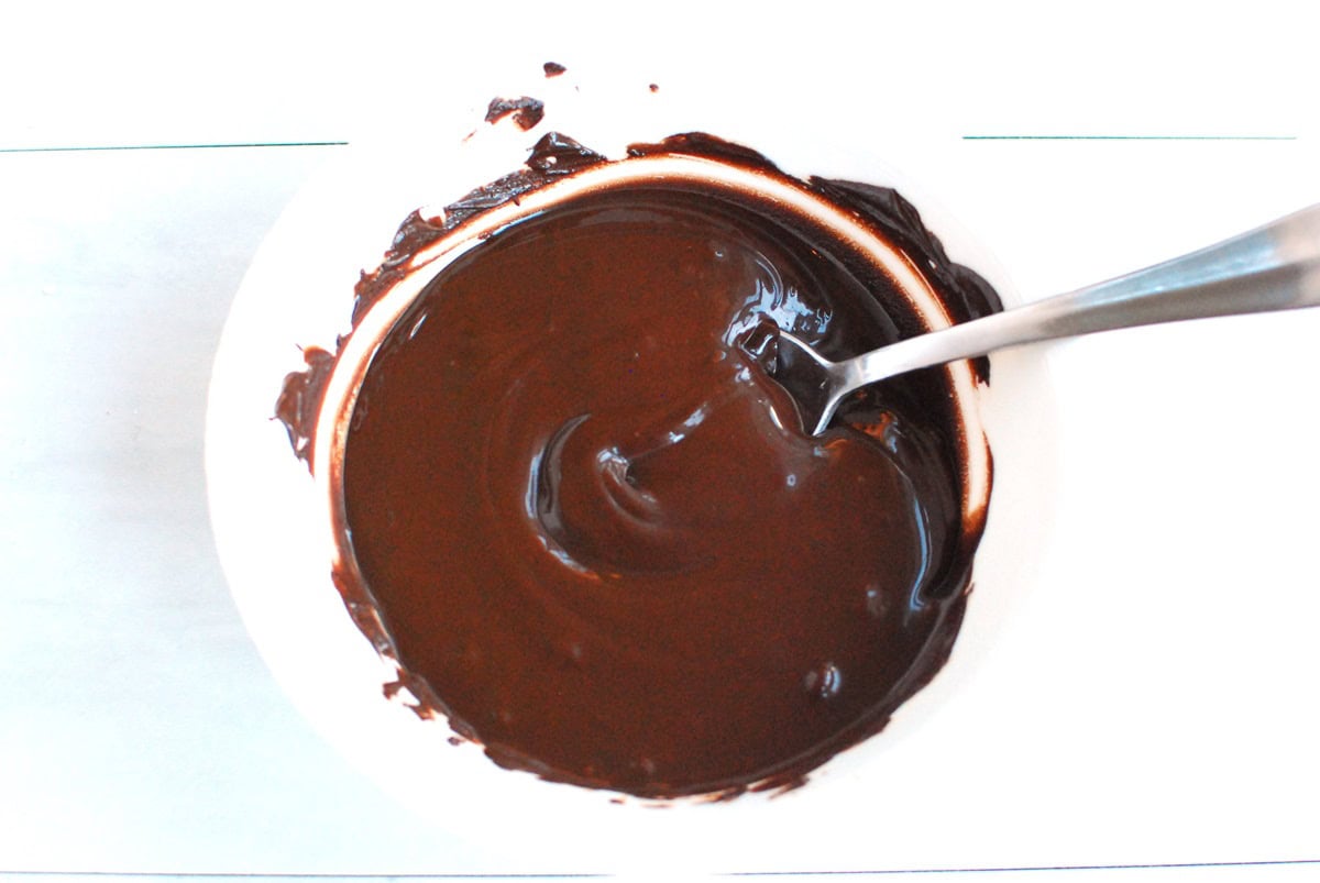 Melted chocolate in a white bowl.