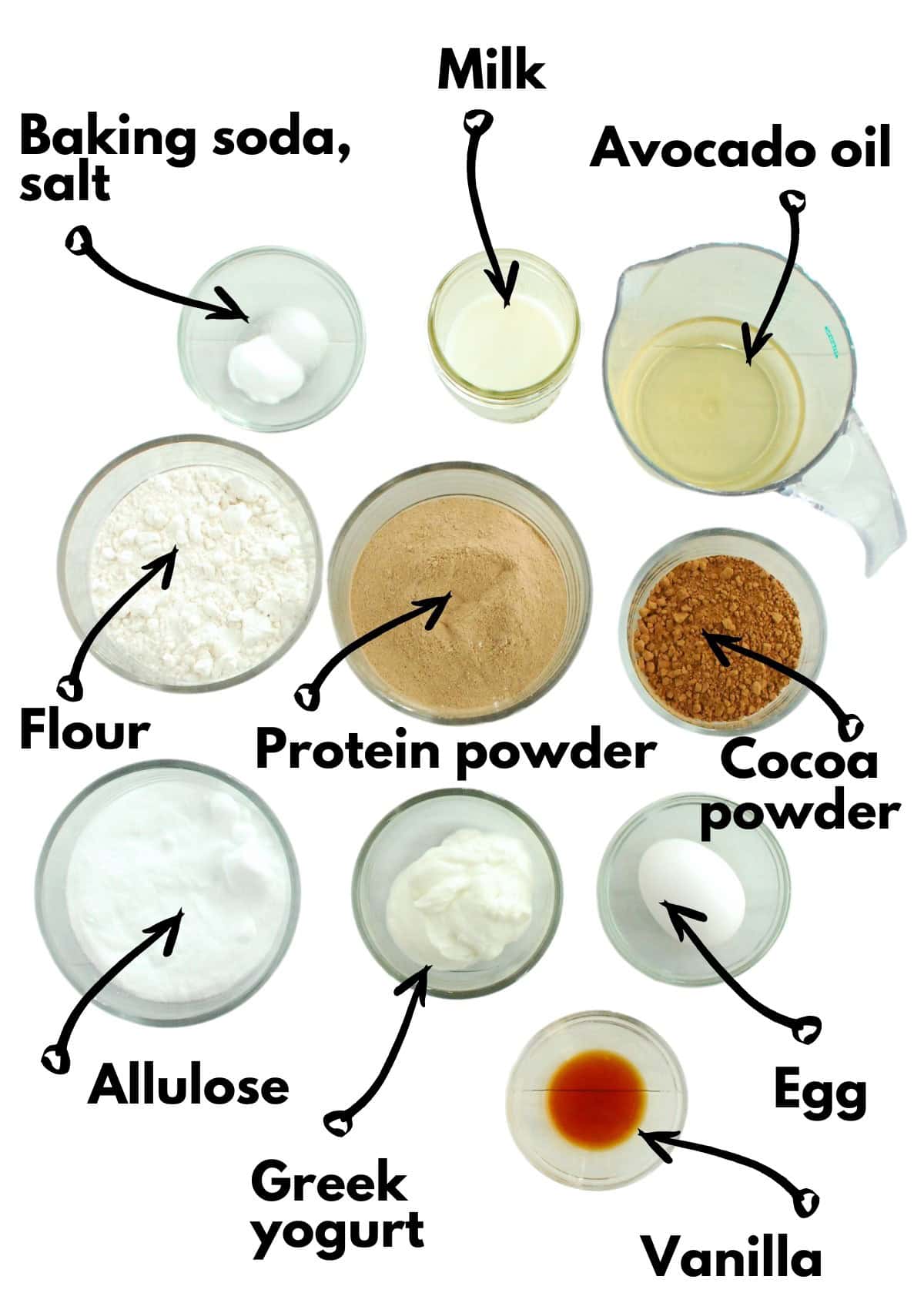 Flour, protein powder, cocoa, baking soda, salt, allulose, oil, egg, yogurt, and milk, all on a white backdrop.