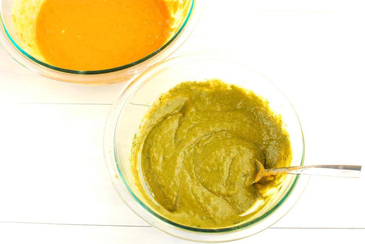 Matcha filling mixture in a glass mixing bowl.