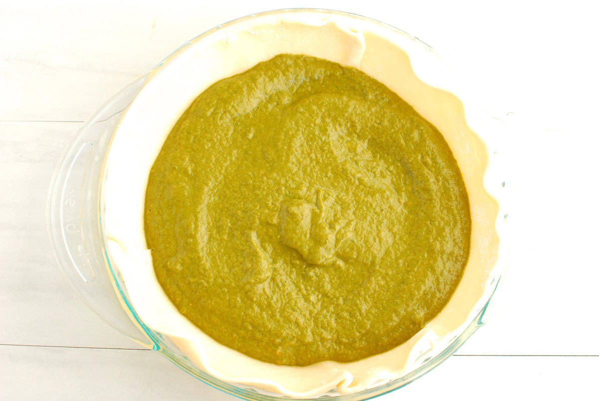 Matcha layer added first to the pie crust.