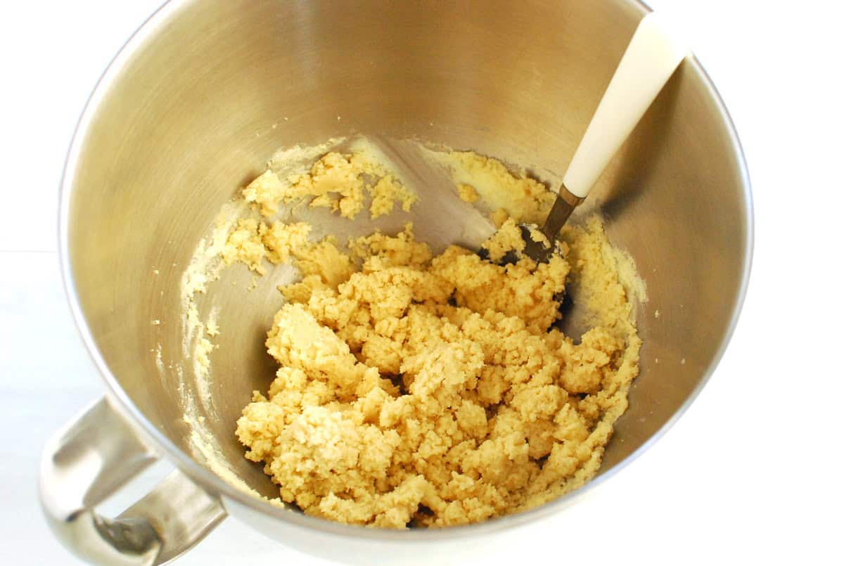 Cookie dough in a mixing bowl.