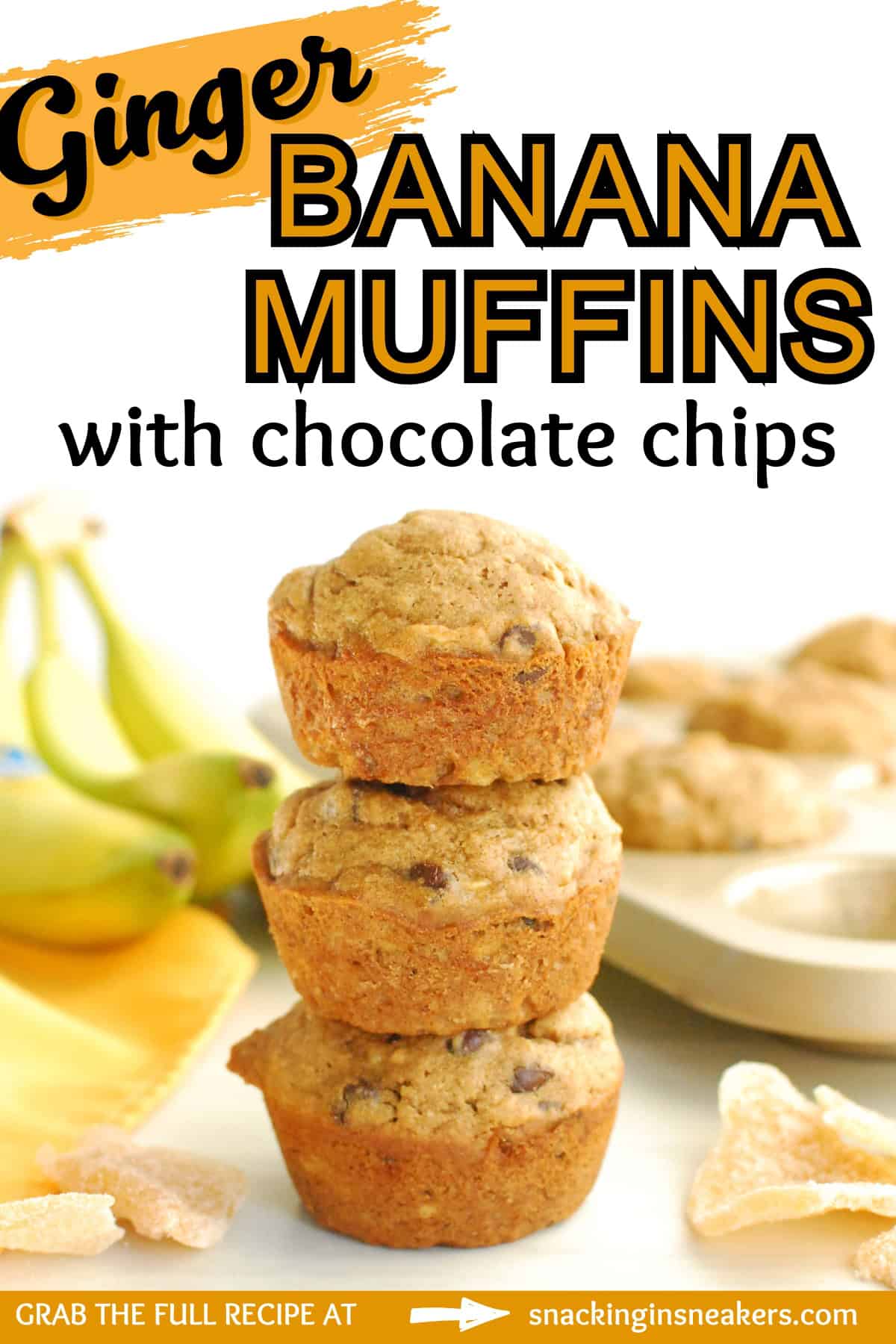 A stack of several ginger banana muffins with a text overlay with the name of the recipe.