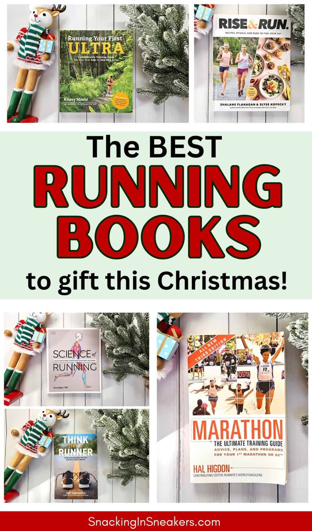 A collage of several running books with a text overlay that says the best running books to gift this Christmas.