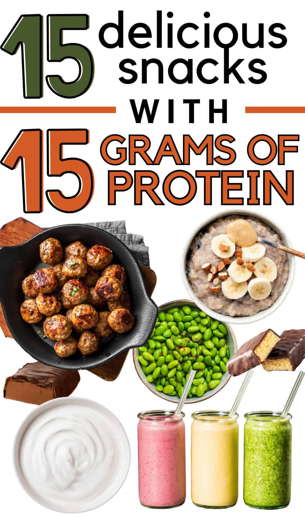 A variety of high protein snacks like chicken meatballs, Greek yogurt, edamame, and smoothies, with a text overlay that says delicious snacks with 15 grams of protein.