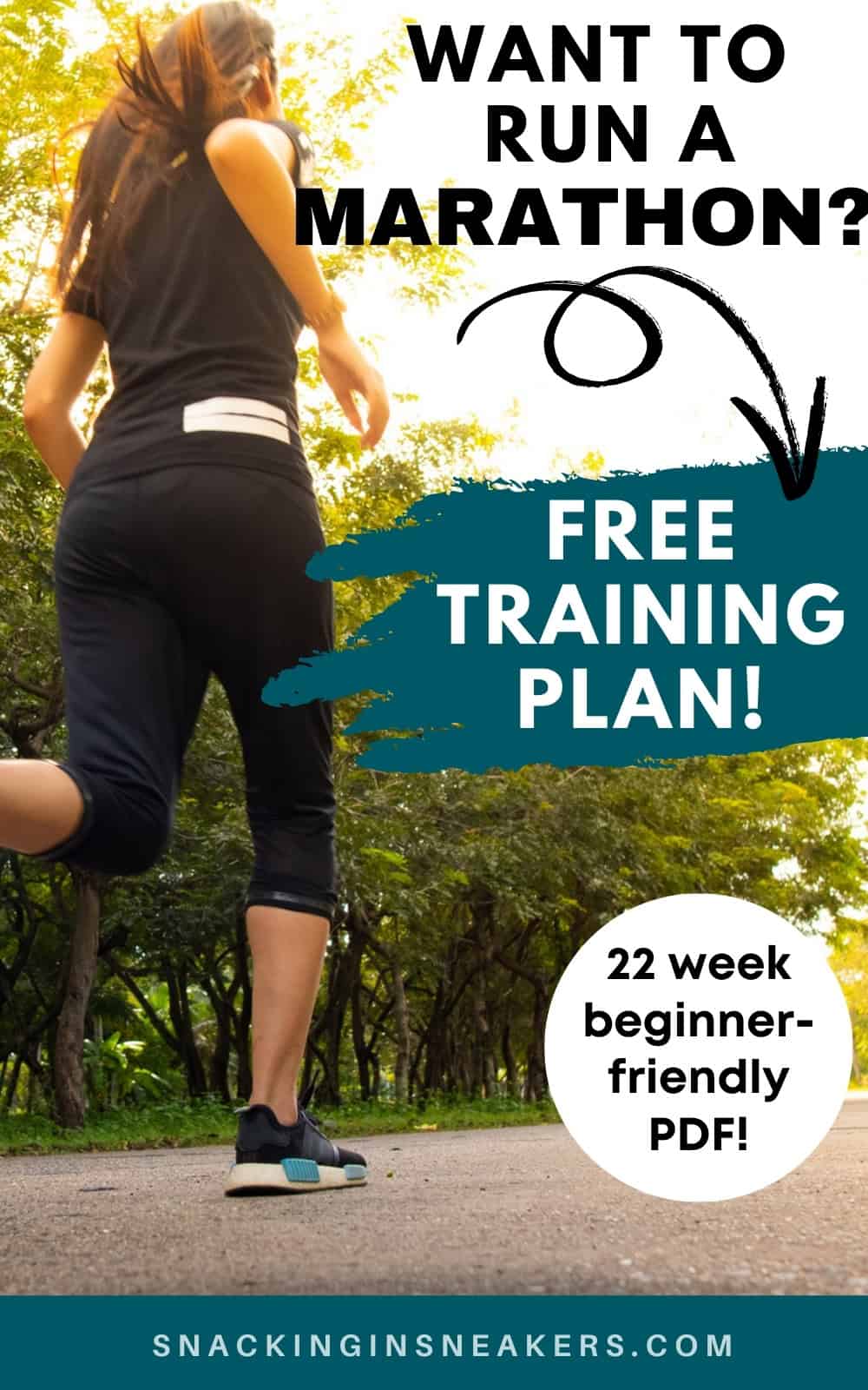A woman running outside on a path with a text overlay that says want to run a marathon? free training plan!