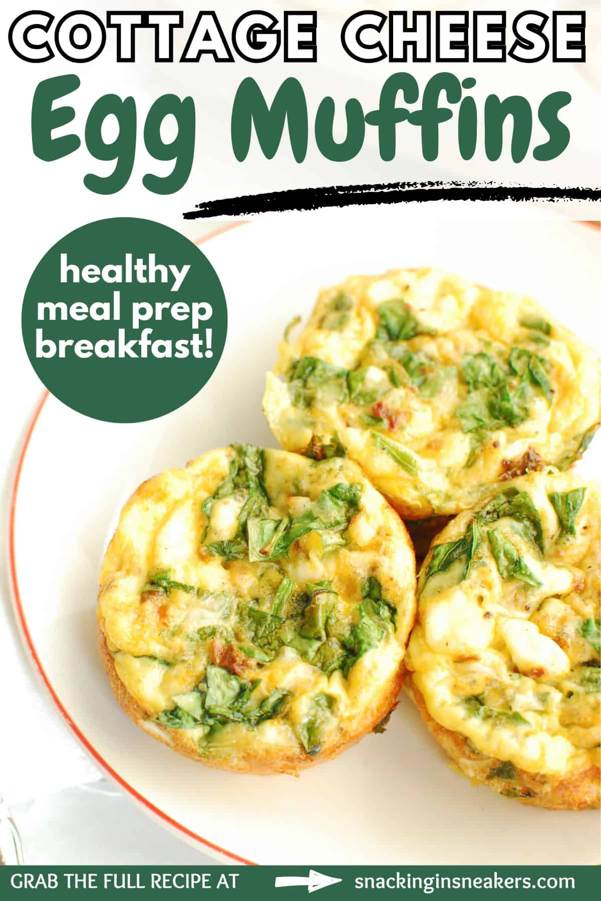 A close up of cottage cheese egg muffins with spinach and feta, with a text overlay with the name of the recipe.