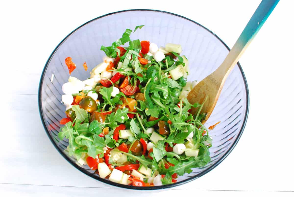 Vegetables and mozzarella mixed together in a bowl.