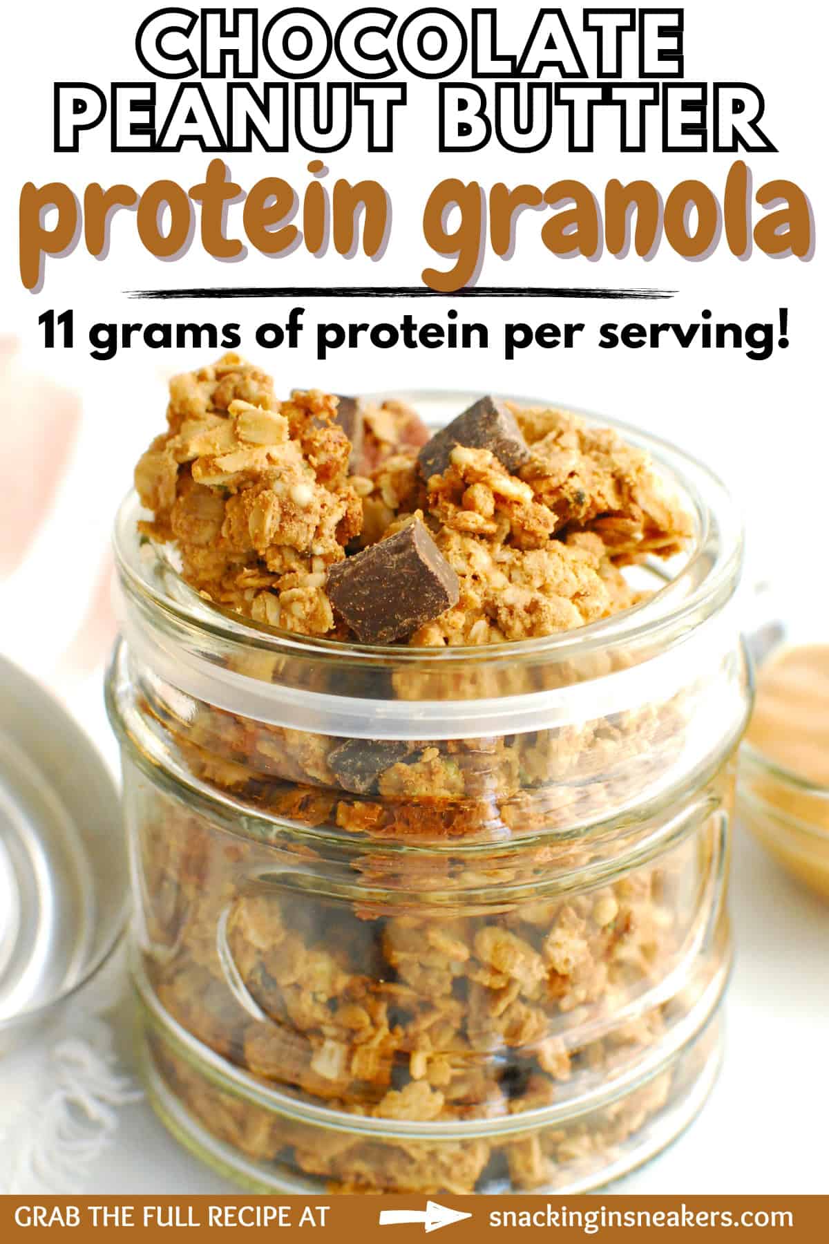 A jar of homemade protein granola with a text overlay with the name of the recipe.