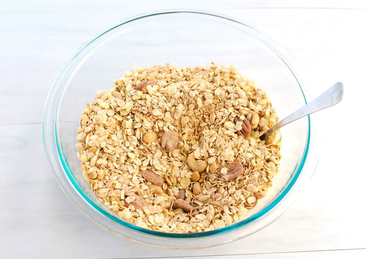 Oats, rice cereal, protein powder, nuts, hemp hearts, and salt mixed together in a bowl.