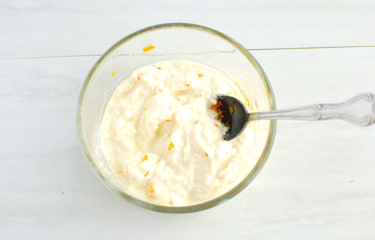 Ricotta mixed with orange juice, orange zest, and honey.
