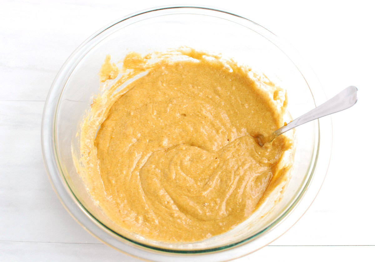 The whoopie pie cake batter in a glass mixing bowl.