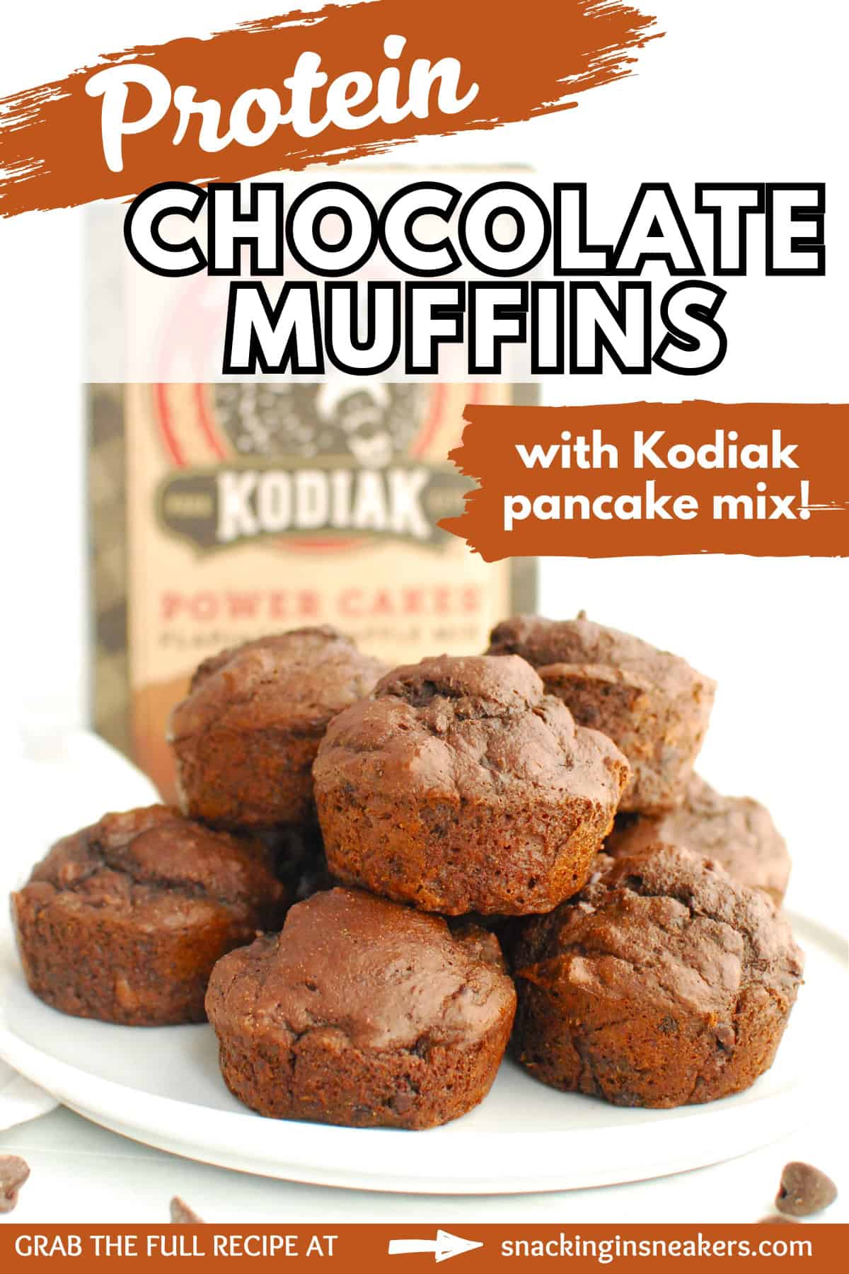 A plate full of dark chocolate protein muffins with a box of Kodiak cakes in the background.