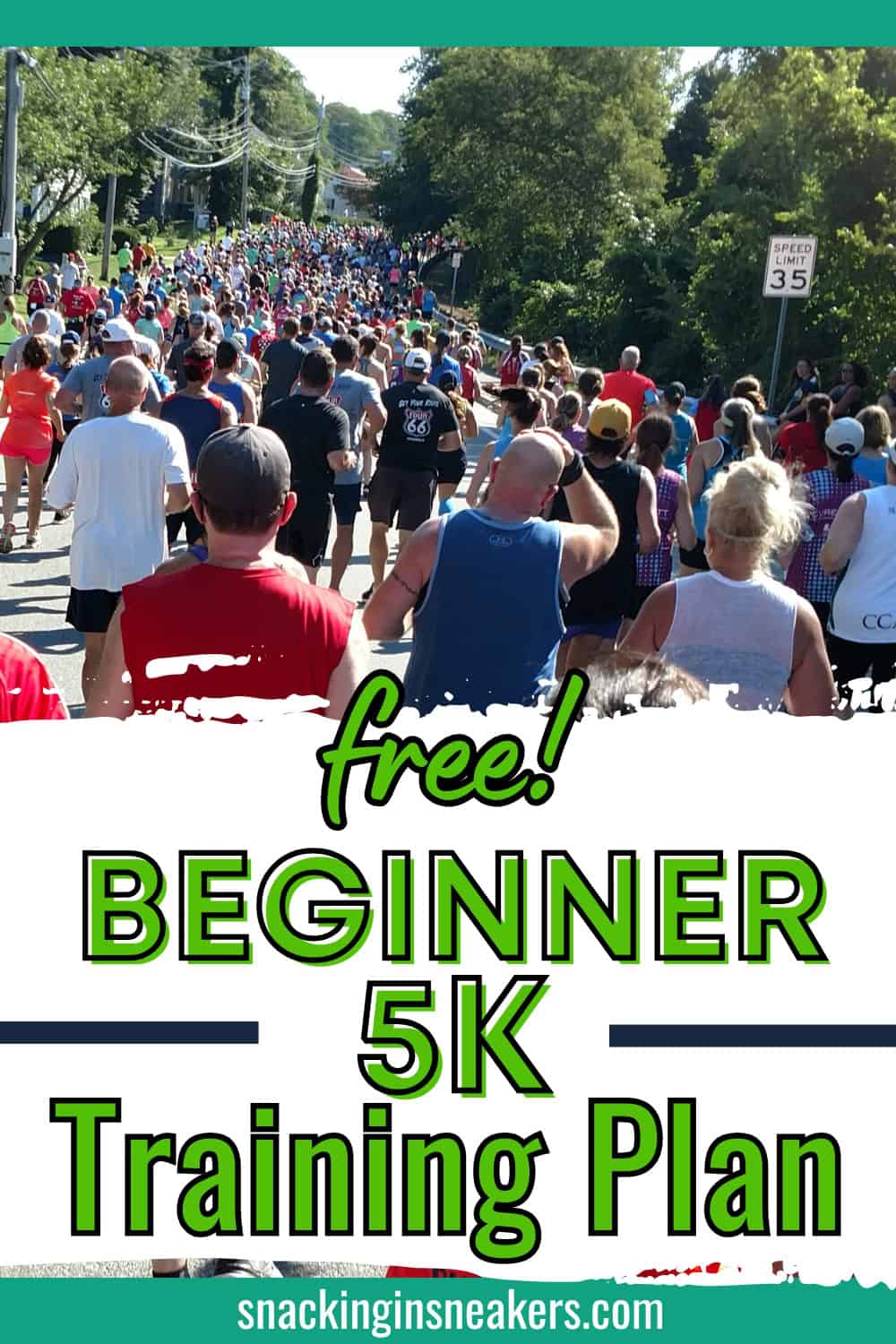 A group of people starting a 5K road race with a text overlay that says free beginner 5K training plan.
