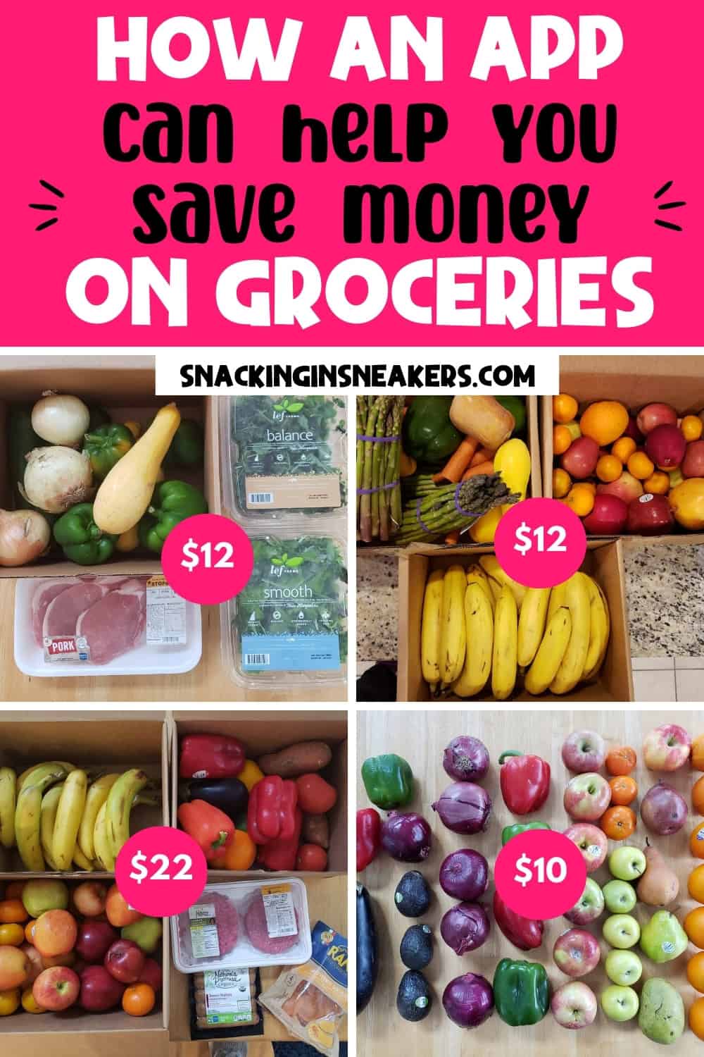 A collage of several flashfood orders with a text overlay that says how an app can help you save money on groceries.