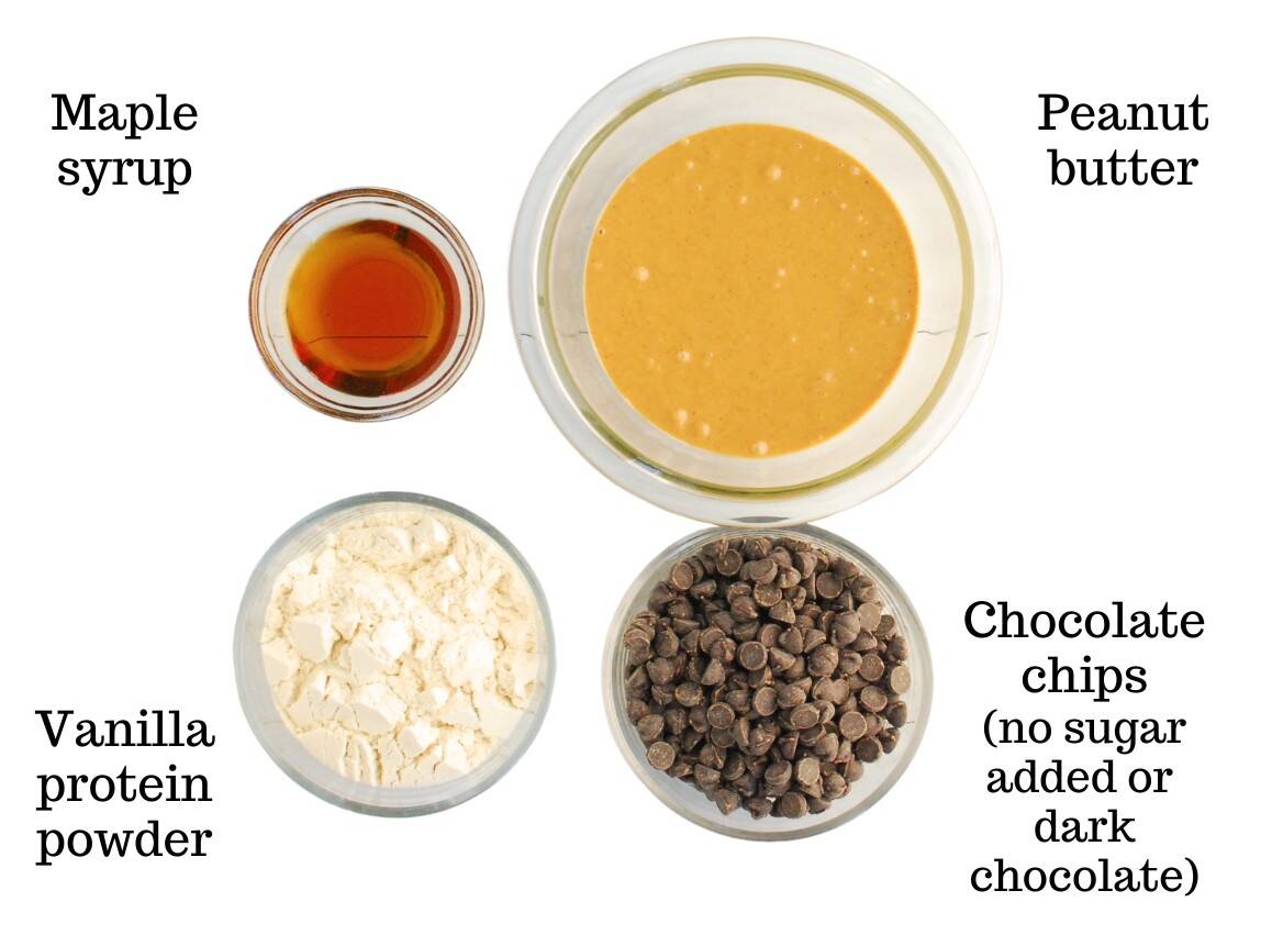 Peanut butter, protein powder, maple syrup, and chocolate chips.
