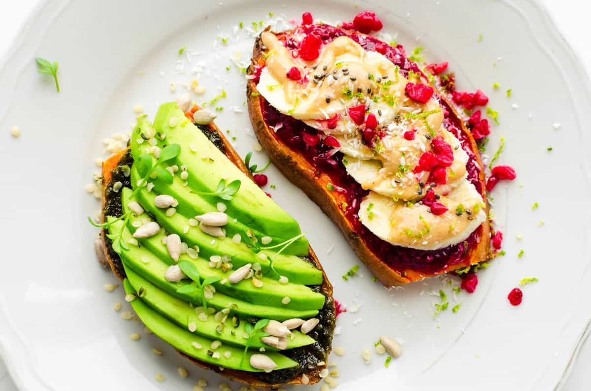 Two different types of sweet potato toast.