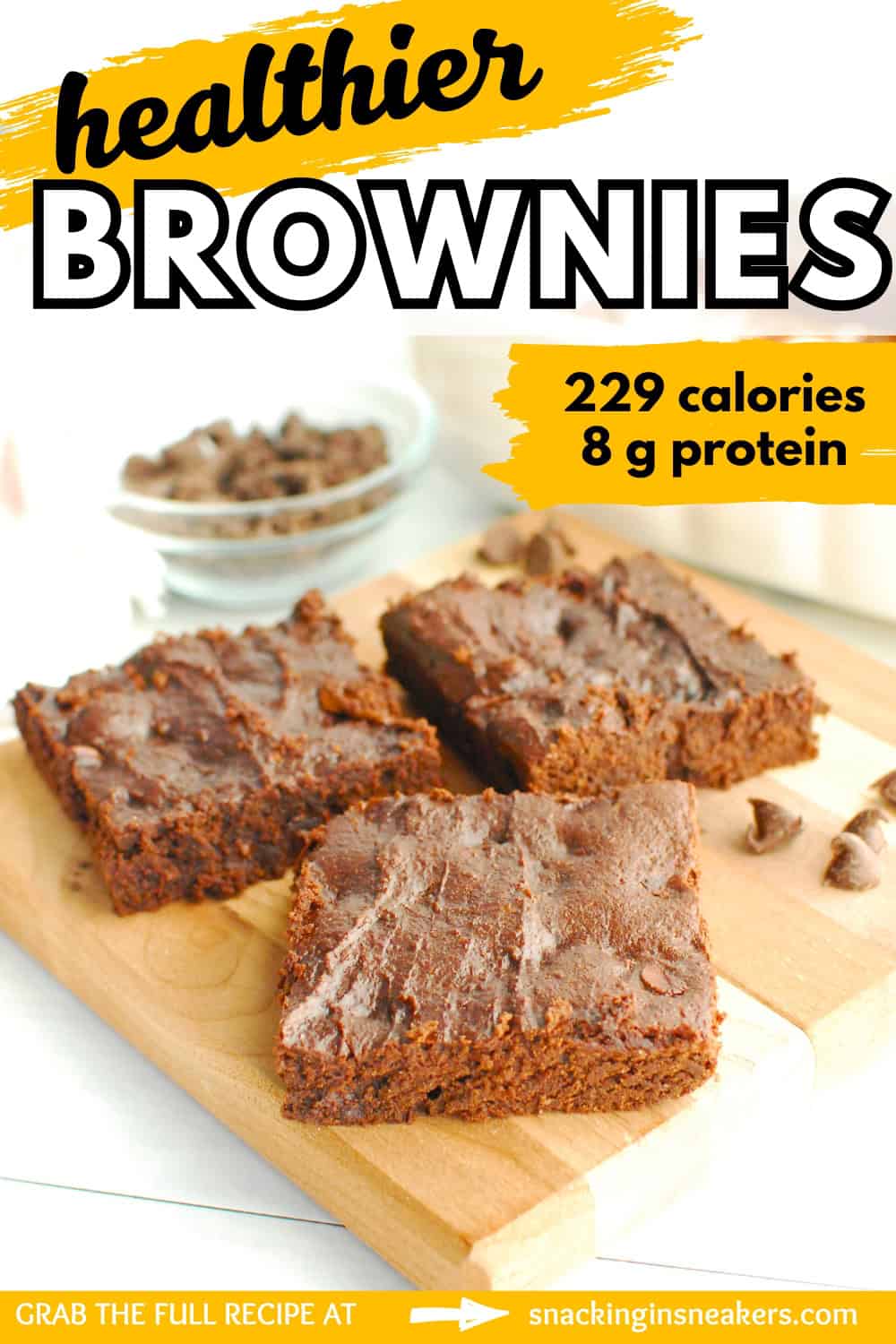 Three healthier cottage cheese brownies with a text overlay with the name of the recipe.