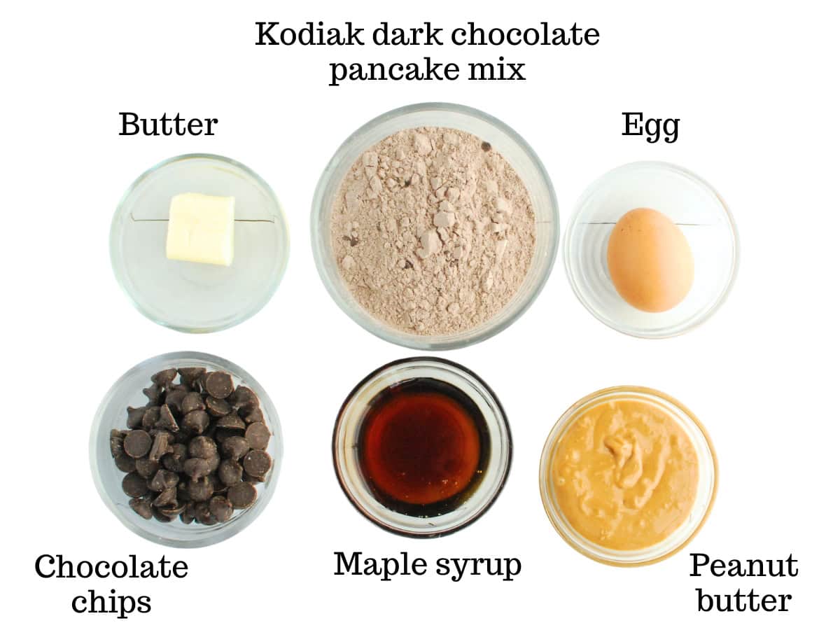 Kodiak pancake mix, butter, egg, maple syrup, peanut butter, and chocolate chips.