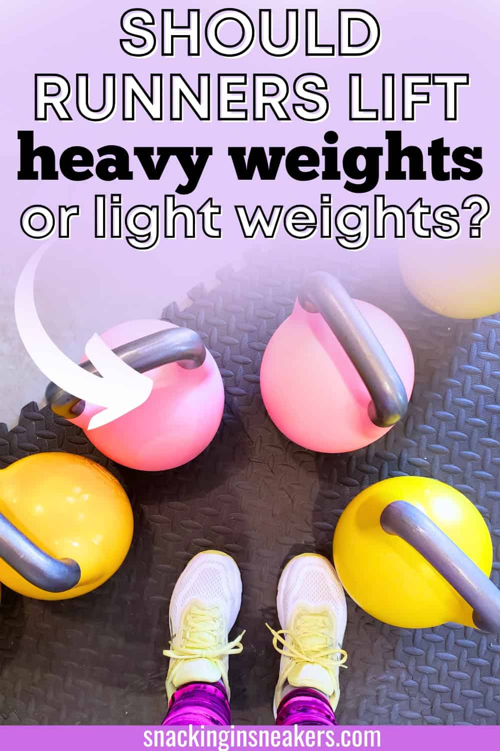 A set of kettlebells on the floor with a text overlay that says should runners lift heavy weights or light weights.