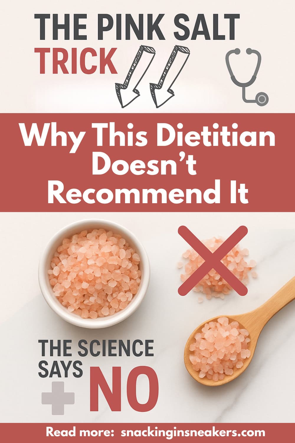 Several different piles of pink salt, with a text overlay that says the pink salt trick: why this dietitian doesn't recommend it.