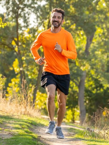 A man doing a long run outside on a dirt path.