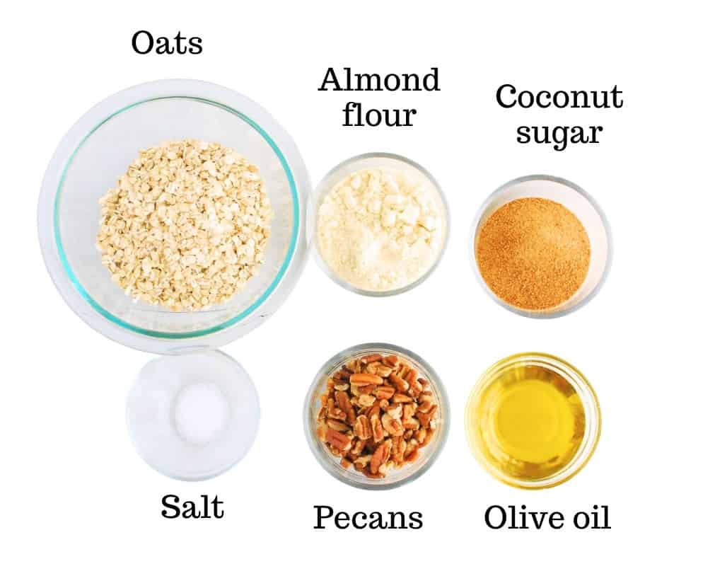 Oats, almond flour, coconut sugar, salt, pecans, olive oil.
