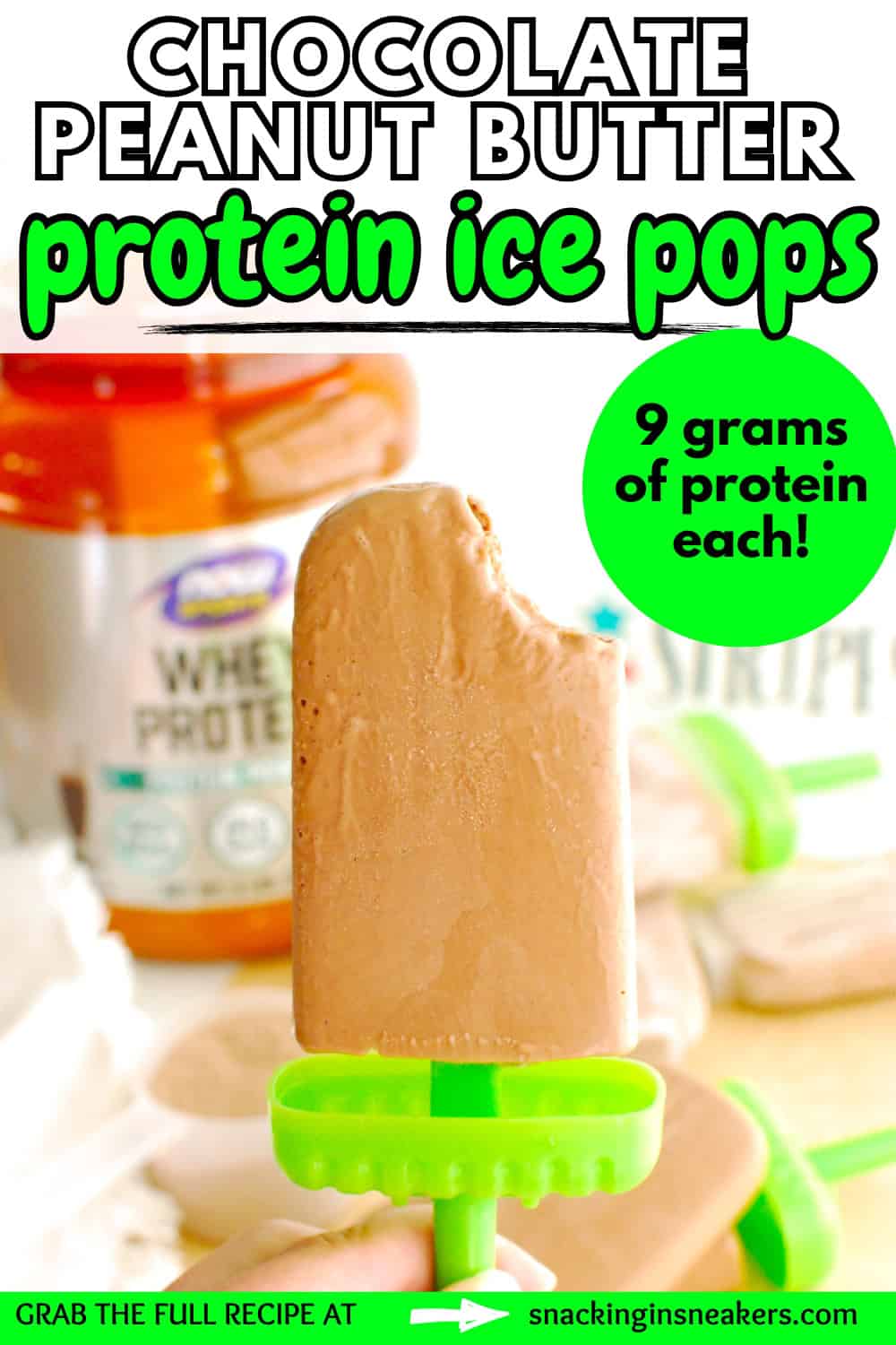 A chocolate peanut butter popsicle with a bite taken out of it with a text overlay with the name of the recipe.