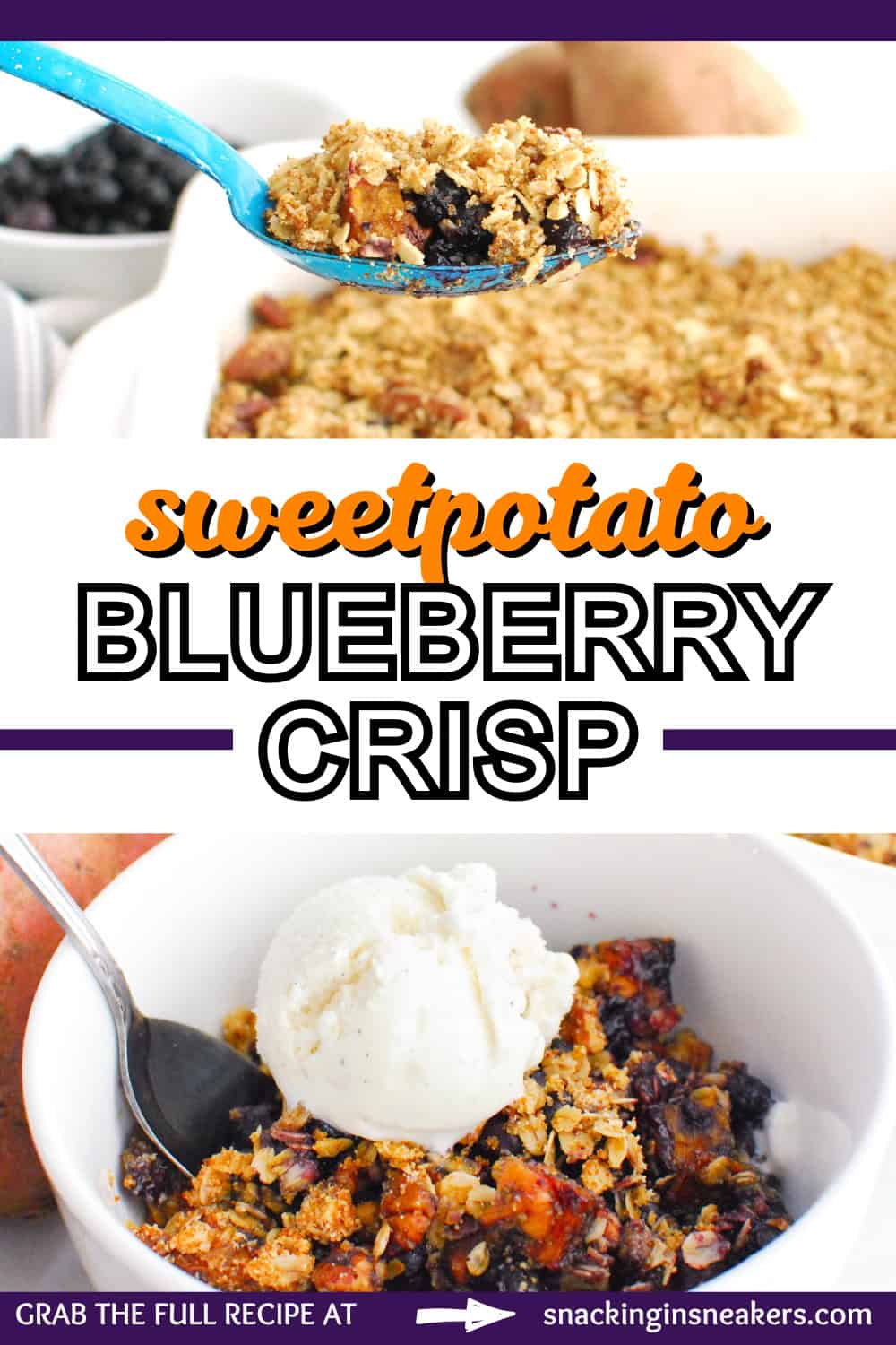 A collage of two images of sweetpotato blueberry crisp with a text overlay with the name of the recipe.