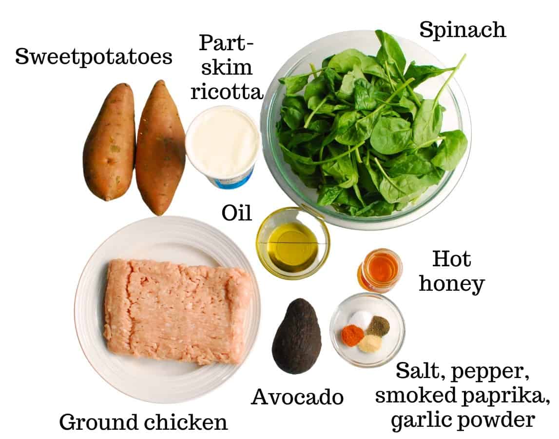 Sweetpotatoes, ricotta, spinach, ground chicken, oil, avocado, hot honey, salt, pepper, smoked paprika, and garlic powder.