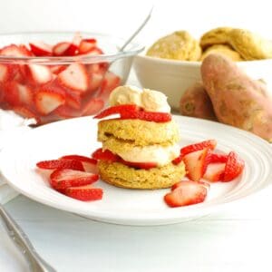 Strawberry shortcake with a sweetpotato biscuit and sweetpotato whipped cream.